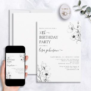 Modern 50e verjaardag Script Zwart Wit Bloemen Kaart