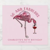 Modern 50th Birthday Party Pink Flamingo Sparkling Wijnetiket (Enkel label)