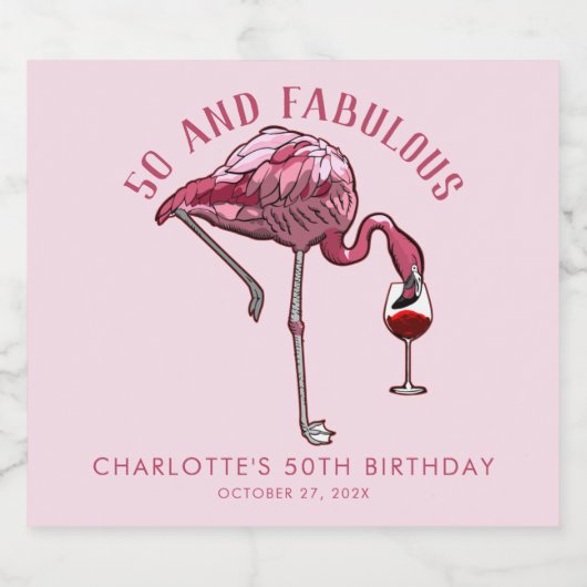 Modern 50th Birthday Party Pink Flamingo Sparkling Wijnetiket (Enkel label)