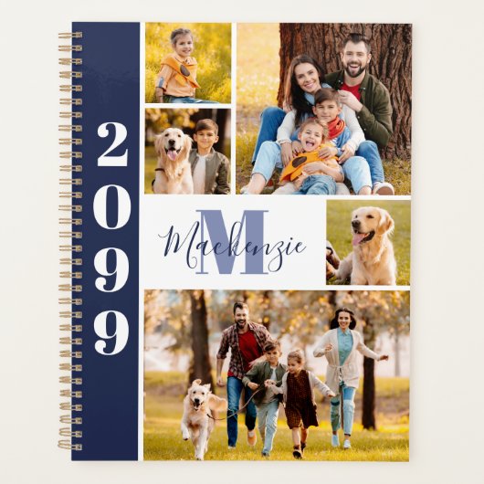 Modern 5 Photo Collage Monogram Naam Navy Blue Planner (Voorkant)