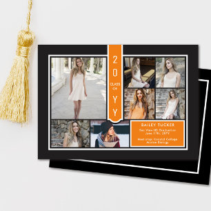 Modern 7-Photo College Oranje en zwart Afstuderen Aankondiging