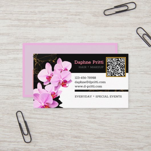 Modern, aangepaste QR-code, Orchidee, Marmer Visitekaartje (Voorkant / Achterkant in situ)