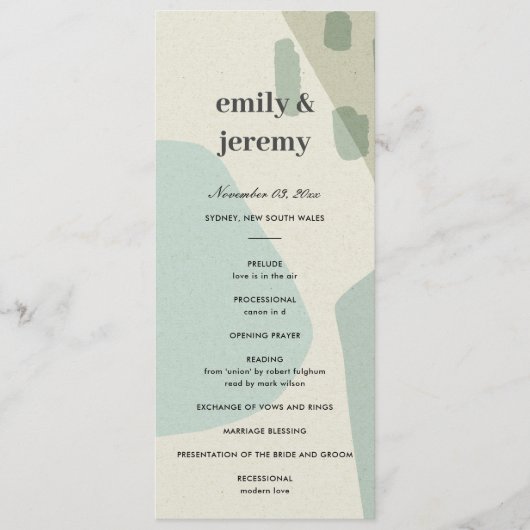 MODERN ABSTRACT AQUA ART WEDDING CEREMONY PROGRAMM MENU (Voorkant)