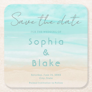 Modern Abstract Beach Bruiloft Save the Date Vierkante Kartonnen Onderzetter