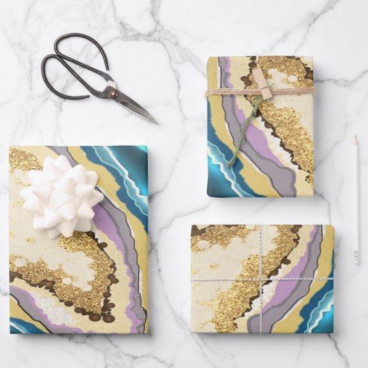 Modern Abstract Blauw Goud Geode Gemstone Inpakpapier Vel (Voorkant)