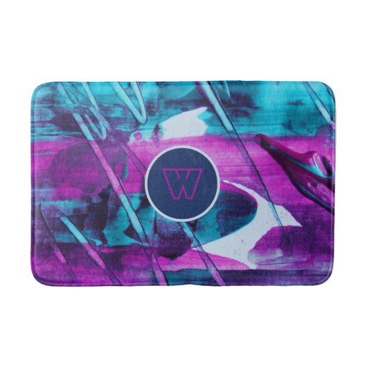 Modern Abstract blauw roze penseelstreken monogram Badmat (Voorkant)