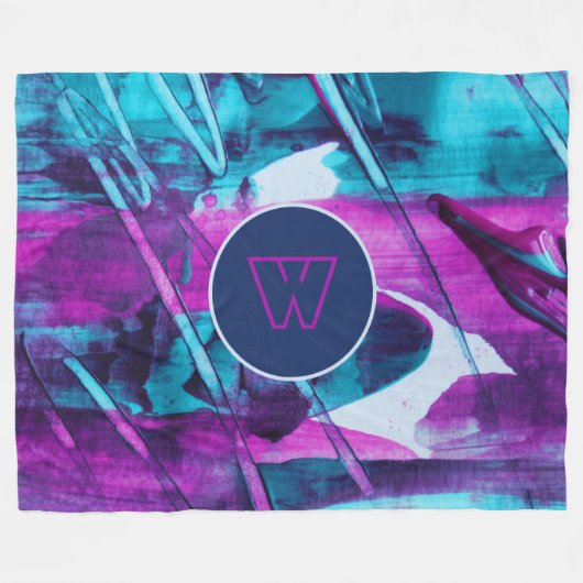 Modern Abstract blauw roze penseelstreken monogram Fleece Deken (Voorkant (Horizontaal))