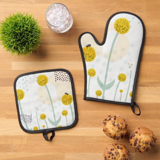 Modern Abstract Botanical Yellow Billy Button Ovenwant & Pannenlap Set (Top down)