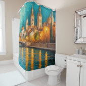 Modern Abstract Design Goud Sinaasappel Blauw Euro Douchegordijn (In situ)