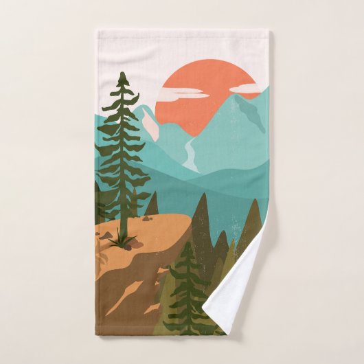 Modern Abstract Forest, Mountains, and Sunrise (Serviette à main)