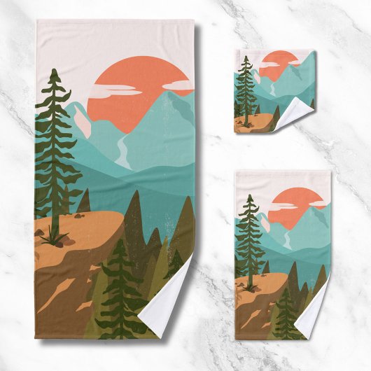 Modern Abstract Forest, Mountains, and Sunrise Bad Handdoek