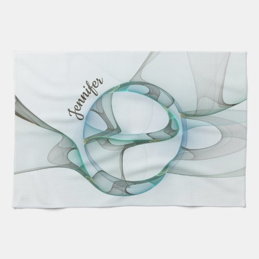 Modern Abstract Fractal Blue Turquoise Gray Name Theedoek (Horizontaal)