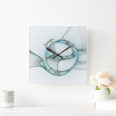 Modern Abstract Fractal Blue Turquoise Gray Name Vierkante Klok (Huis)