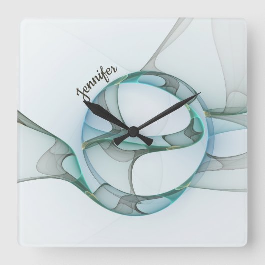 Modern Abstract Fractal Blue Turquoise Gray Name Vierkante Klok (Voorkant)