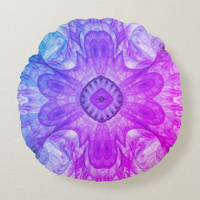 Modern Abstract Fractal roze en blauw ontwerp Rond Kussen (Voorkant)