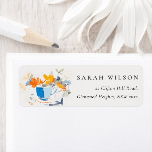 Modern Abstract Geel Blauw Bloemen Tea Cup Adres Etiket (Insitu)