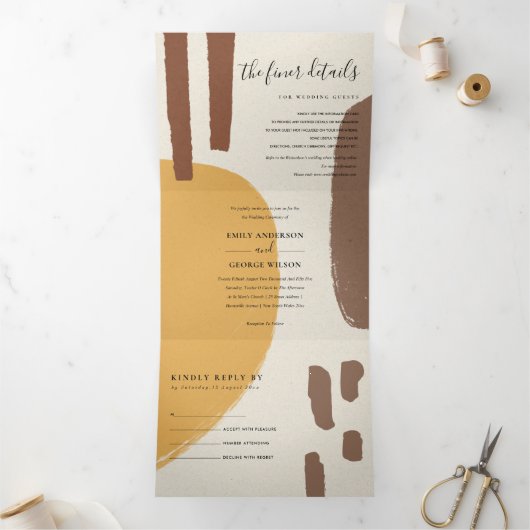 MODERN ABSTRACT GEEL ORANJE KUNSTMATIGE WEDING T DRIELUIK UITNODIGING (Binnen)
