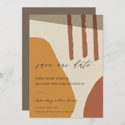 MODERN ABSTRACT GEEL RUST KRAFT ARTISTIC ART SAVE THE DATE (Voorkant / Achterkant)