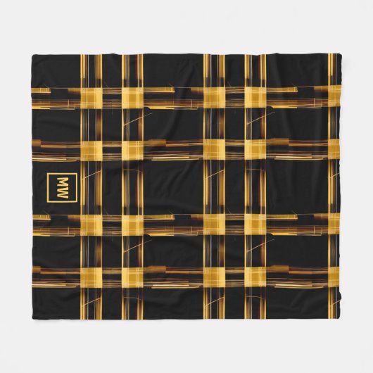 Modern abstract, goud en zwart plaid monogram fleece deken (Voorkant (Horizontaal))