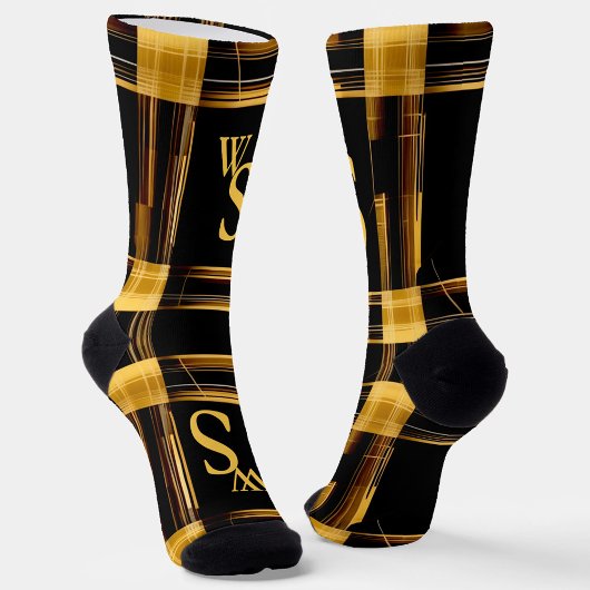 Modern abstract, goud en zwart plaid monogram sokken