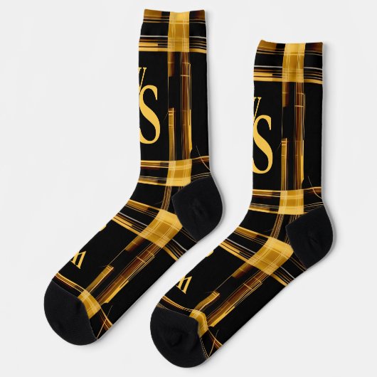 Modern abstract, goud en zwart plaid monogram sokken (Links)