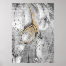 Modern Abstract Goud & Grijs Bloemenmuur Art Poste