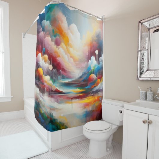 Modern Abstract kunstlandschap rood blauw groen Douchegordijn (In situ)