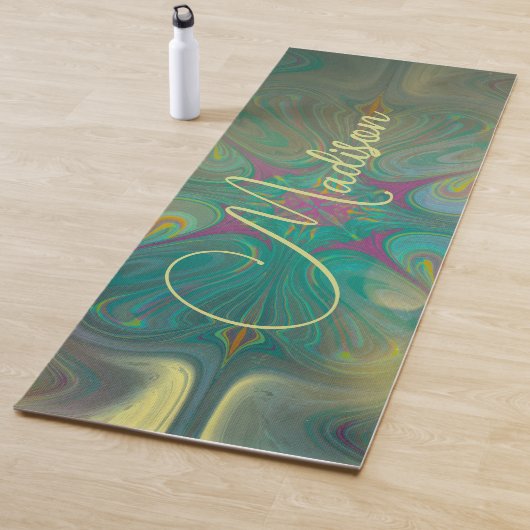 Modern Abstract Mandala Flower Dark Green Gold Yogamat (In situ)
