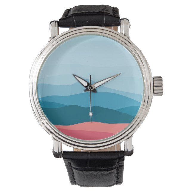 Modern Abstract Pastel Blue Pink Mountains Horloge (Voorkant)