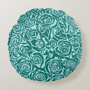 Modern Abstract Roos Patroon, Blauwgroen en Aqua Rond Kussen