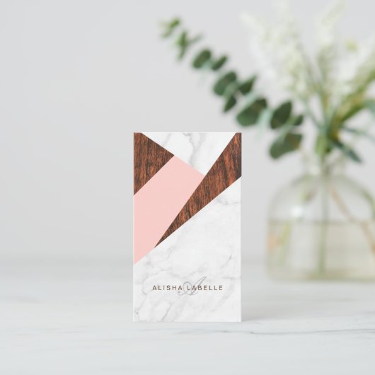 Modern Abstract roze, wit marmer en houtnerf Visitekaartje (Staand voorkant)