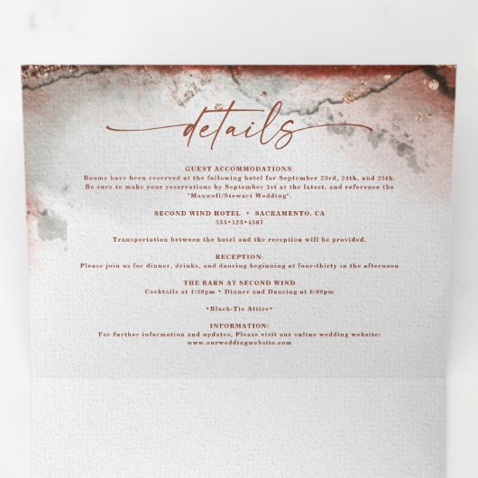 Modern Abstract rustiek Sinaasappel & grijs Fall W Drieluik Uitnodiging (Binnenzijde eerst)