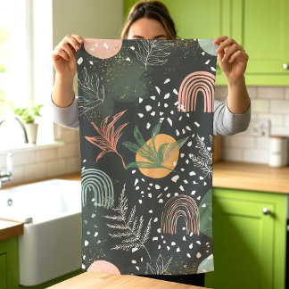 Modern Abstract Terrazzo & Botanical Collage Theedoek