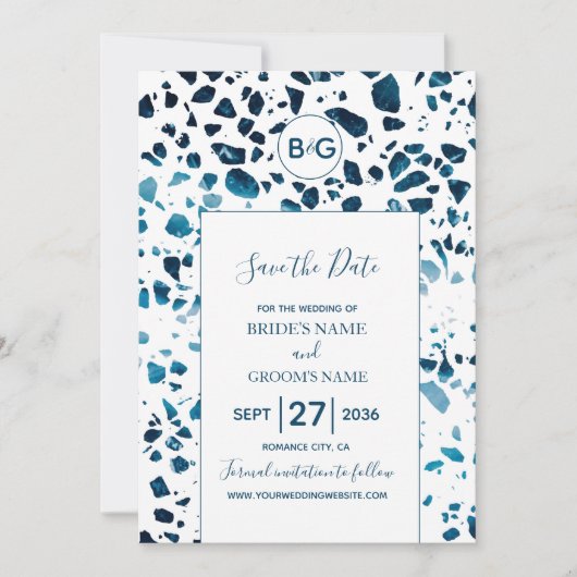 Modern Abstract Terrazzo Mosaic Blue, sla de datum Save The Date (Voorkant)