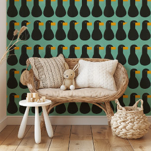 Modern Abstract Vogelpatroon Vet Zwart & Blauwgroe Behang