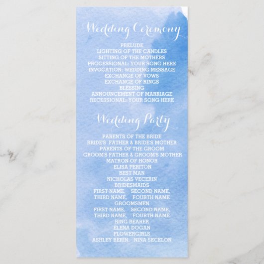 Modern abstract waterverf blauw huwelijksprogramma programma (Achterkant)