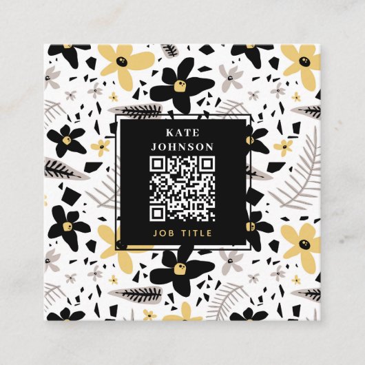 Modern Abstract Zwart Geel Grijs Bloemen QR Code Vierkante Visitekaartje (Voorkant)