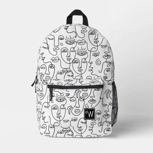 Modern Abstract Zwart Wit Gezichtslijn Monogram Bedrukte Rugzak (Voorkant)
