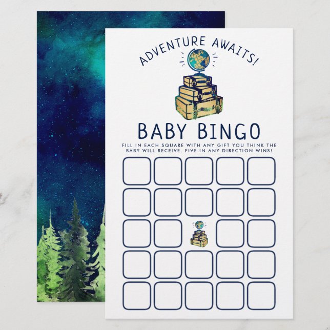 Modern Adventure Wereldbol Baby shower Bingo (Voorkant / Achterkant)