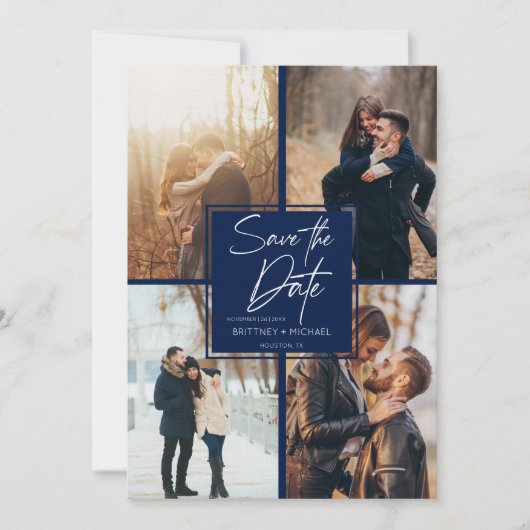 Modern Afbeelding Collage Navy Blue Save The Date (Voorkant)