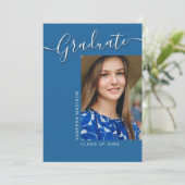 Modern Afstudeerder | Blue 1 Photo Elegant Script Aankondiging (Staand voorkant)