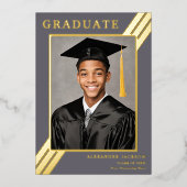 Modern Afstudeerder foto grijs en goud Folie Uitnodiging (Voorkant)