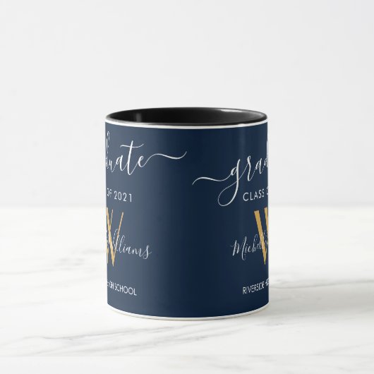 Modern Afstuderen 2023 Blauw Goud Monogram Naam Mok (Midden)