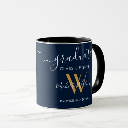 Modern Afstuderen 2023 Blauw Goud Monogram Naam Mok (Voorkant rechts)