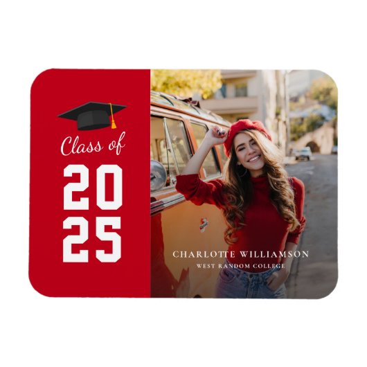 Modern Afstuderen 2025 Rood Wit Afstudeerder Foto Magneet (Horizontaal)