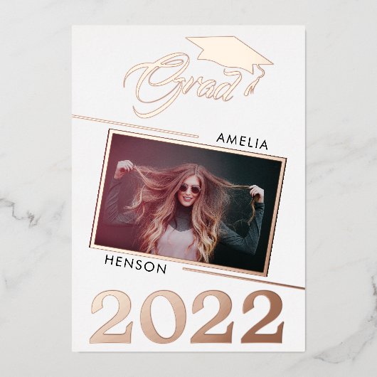 Modern Afstuderen 2 Foto Afstuderen Roos Gold Folie Uitnodiging (Voorkant)