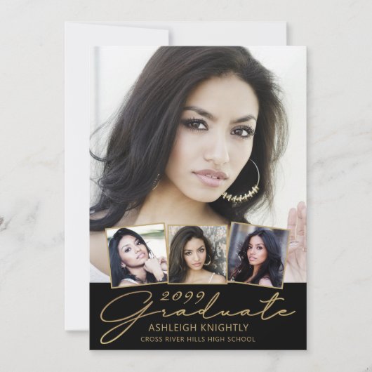 Modern Afstuderen 5 foto's Script Zwart Goud Aankondiging (Voorkant)