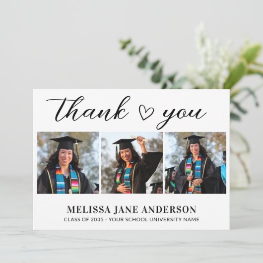 Modern Afstuderen Custom Afstuderen Heart 3 Foto Bedankkaart (Staand voorkant)