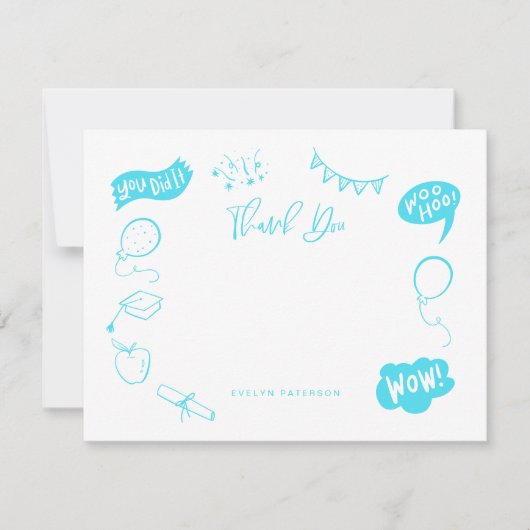 Modern Afstuderen Doodle Blue Limoen Dank u Notitiekaartje (Voorkant)