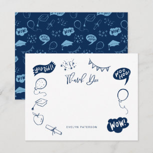 Modern Afstuderen Doodle Navy Blue Dank u wel Notitiekaartje